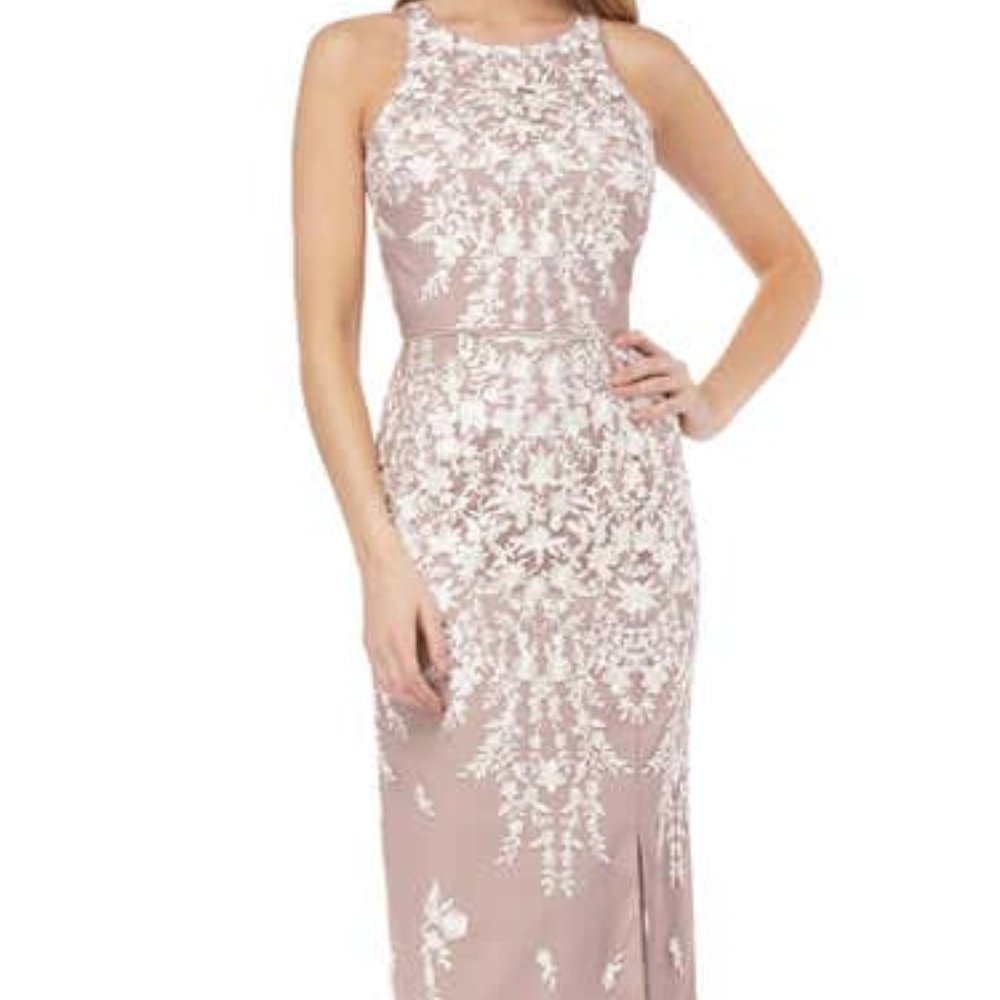 JS Collections Floral Embroidered Evening Dress